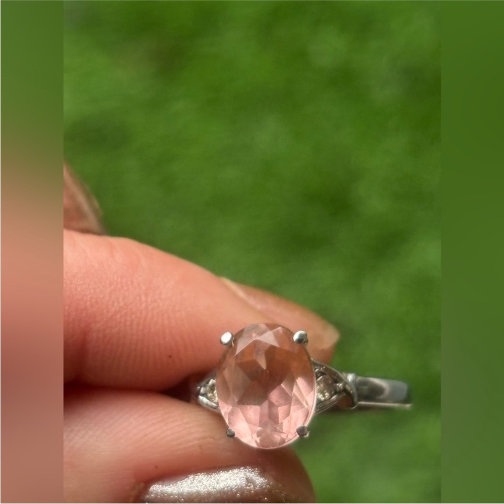 Faceted Pink Peach Spinel with 2 CZ’s Stainless Steel Ring Womens Size 11.5